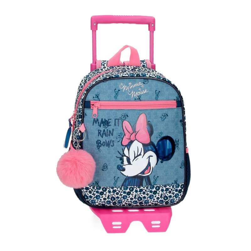 Mochila Pr Escolar Adap Cm C Carro Minnie Make It Rain Bows Azul