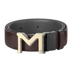 Cinto de Couro MONTBLANC Fivela M Reversível 35mm Castanho/Cinza | Ref. 238.131177