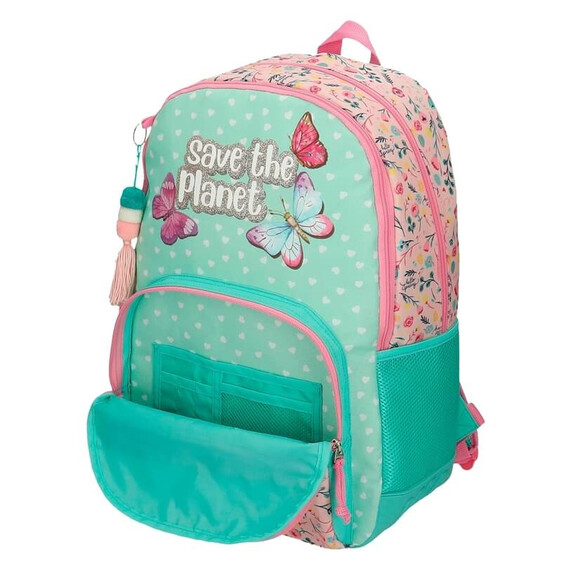 Mochila Escolar Adaptável 45cm 2C c/ Carro Movom SAVE THE PLANET Multicolor