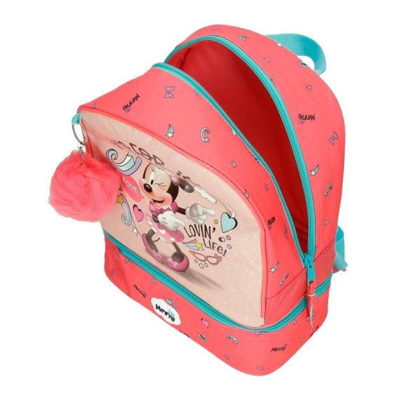 Mochila Pequena 28cm c/ Porta Merendas Minnie LOVIN LIFE Coral | Ref. 186.4722721