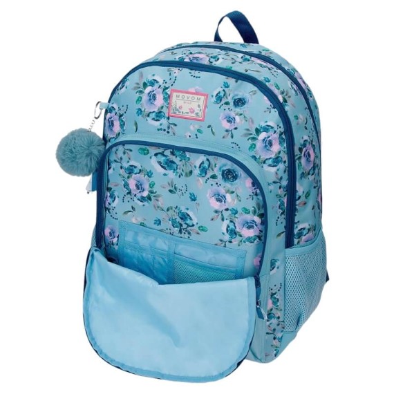 Mochila Escolar Adap. 46cm 2C c/ Carro Movom WILD FLOWERS Azul | Ref. 186.27526T1
