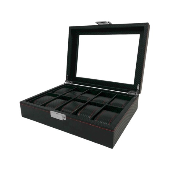 Caixa Protectora para 10 Relógios Retangular c/ Janela Preto/Vermelho | Ref. 338.10RJPV