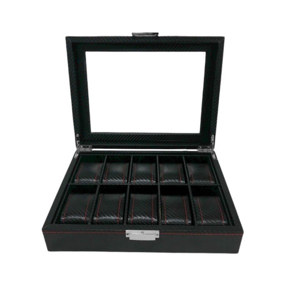 Caixa Protectora para 10 Relógios Retangular c/ Janela Preto/Vermelho | Ref. 338.10RJPV