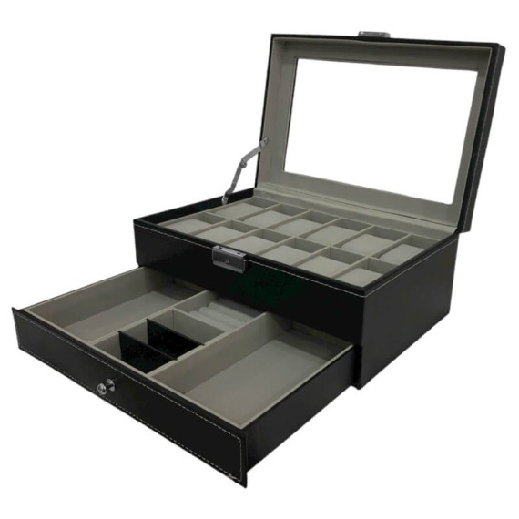 Caixa Protectora para 12 Relógios c/ Guarda Jóias Preta | Ref. 338.12RJP