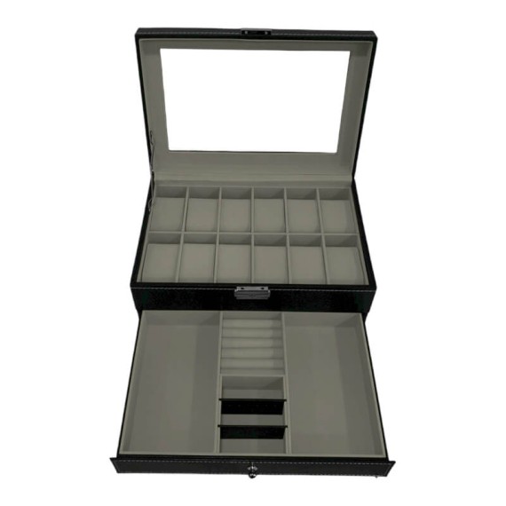 Caixa Protectora para 12 Relógios c/ Guarda Jóias Preta | Ref. 338.12RJP
