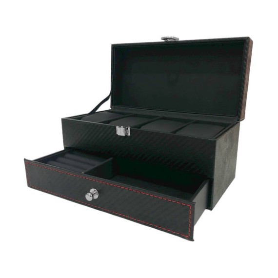 Caixa Protectora para 4 Relógios c/ Guarda Jóias Preto/Vermelho | Ref. 338.4RJPV