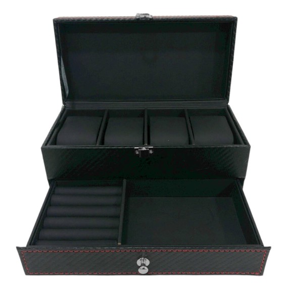 Caixa Protectora para 4 Relógios c/ Guarda Jóias Preto/Vermelho | Ref. 338.4RJPV