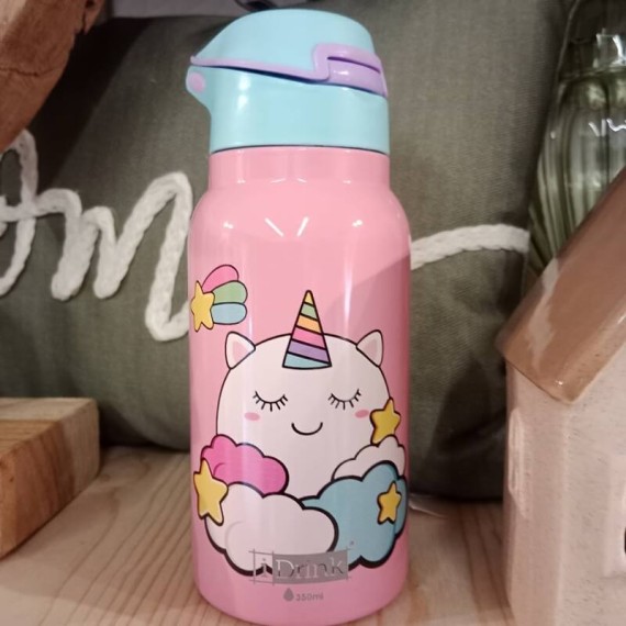 Garrafa Térmica 350ml c/ Tampa I-DRINK Unicórnio Kids Rosa | Ref. 343.ID0513