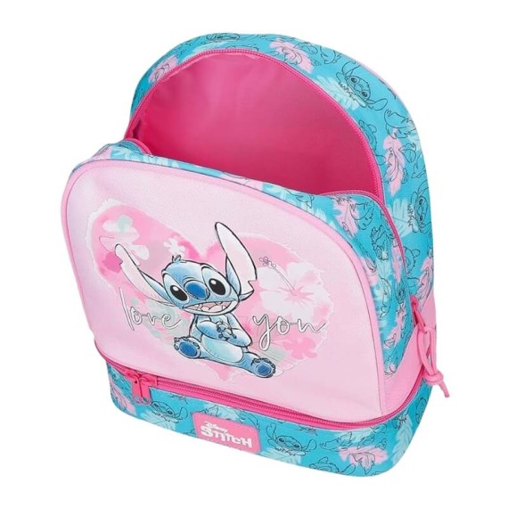 Mochila Pequena 28Cm c/ Porta Merendas STITCH Heart Rosa | Ref. 186.4982742