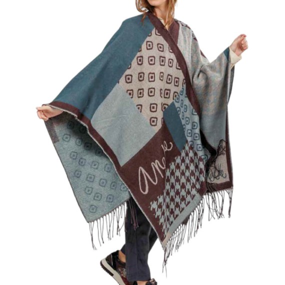 ANEKKE Poncho c/ Franjas para Senhora Azul / Bege | Ref. 280.41284-031