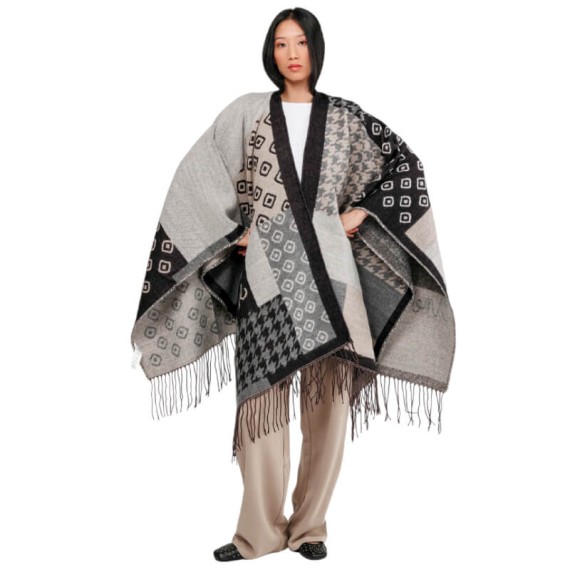 ANEKKE Poncho c/ Franjas para Senhora Preto / Bege | Ref. 280.41284-033
