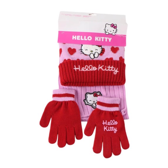 Conjunto Gorro, Luvas e Cachecol HELLO KITTY Rosa/Vermelho | Ref. 299.2200010589