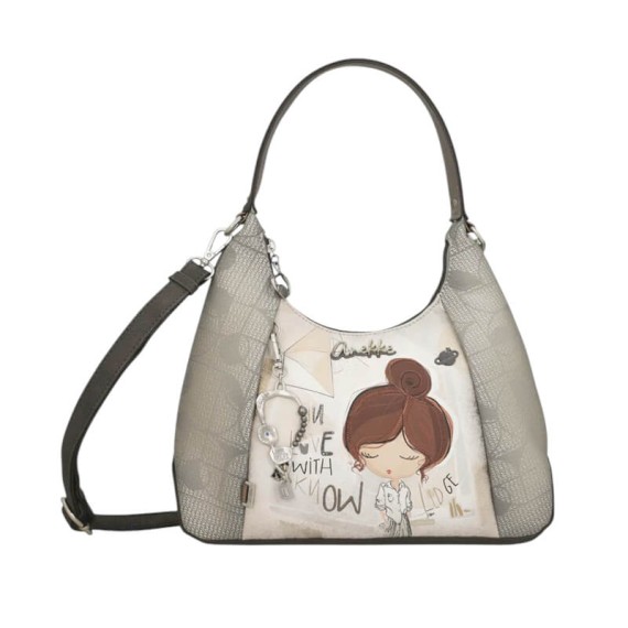 ANEKKE Mala de Ombro Triangular c/ Tiracolo Sophia Bege/Prata | Ref. 280.42802-396