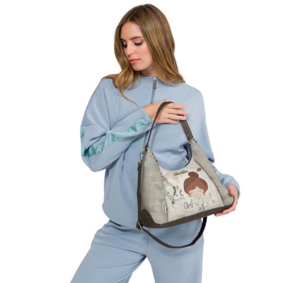 ANEKKE Mala de Ombro Triangular c/ Tiracolo Sophia Bege/Prata | Ref. 280.42802-396