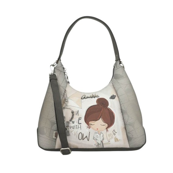 ANEKKE Mala de Ombro Triangular c/ Tiracolo Sophia Bege/Prata | Ref. 280.42802-396