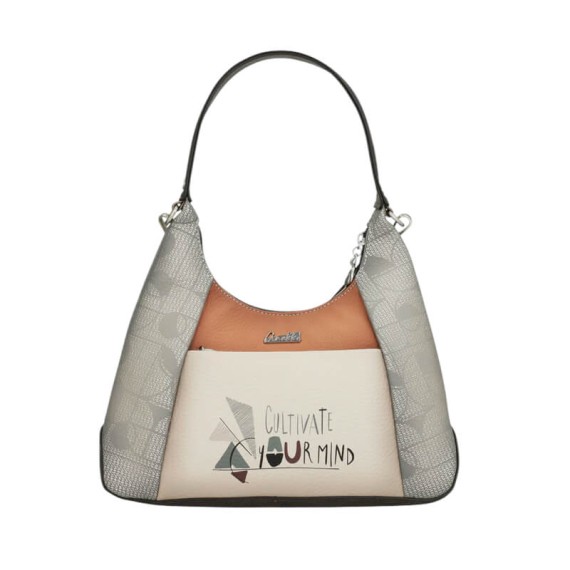 ANEKKE Mala de Ombro Triangular c/ Tiracolo Sophia Bege/Prata | Ref. 280.42802-396