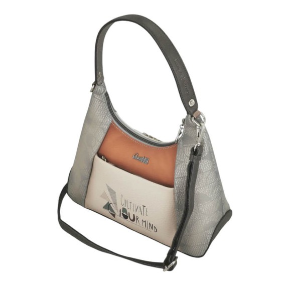 ANEKKE Mala de Ombro Triangular c/ Tiracolo Sophia Bege/Prata | Ref. 280.42802-396